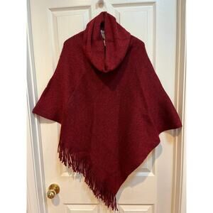 NWT Chicos Red Poncho Sweater One Size Fringe Metallic Shimmer Holiday Burgundy